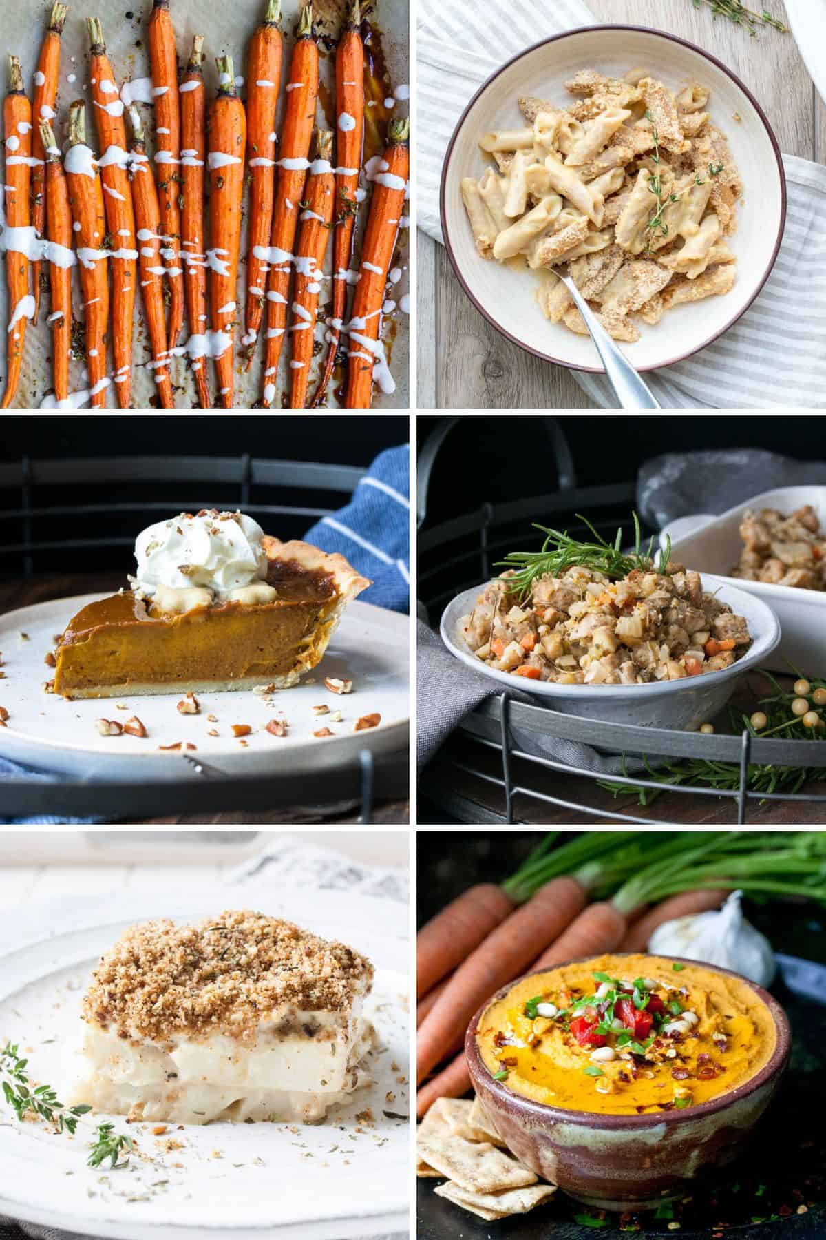 Collage of six photos of food to serve for a full Thanksgiving meal.