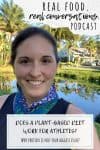 Woman in a dark blue tank top and neck gator with overlay text on plant-based athletes