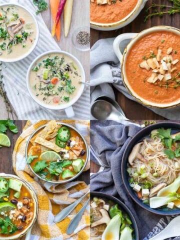 Collage of creamy wild rice soup, tomato soup, tortilla soup and noodle miso soup