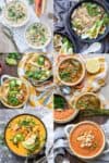 Collage of six different kinds of veggie and grain or bean based soups