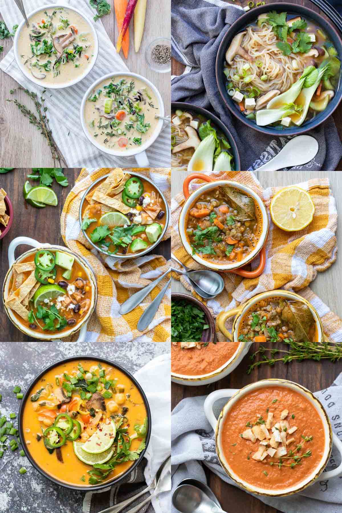 Six different kinds of veggie based soups in a collage