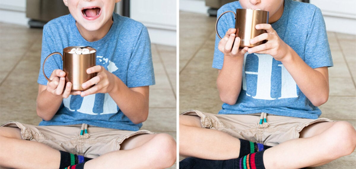 Collage of boy in a blue shirt drinking hot chocolate from a mug.