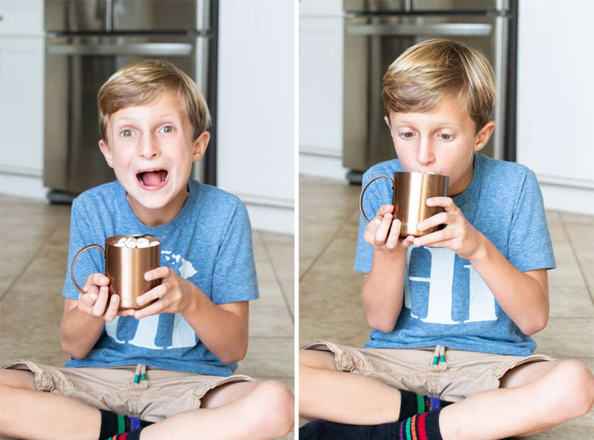 Collage of boy drinking hot chocolate from a mug