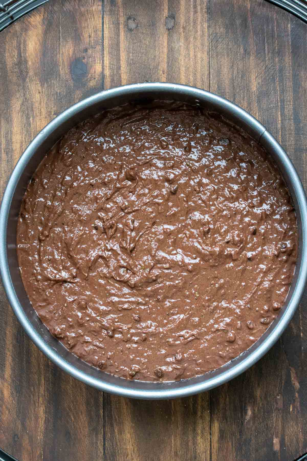 Raw chocolate cake batter in a round pan