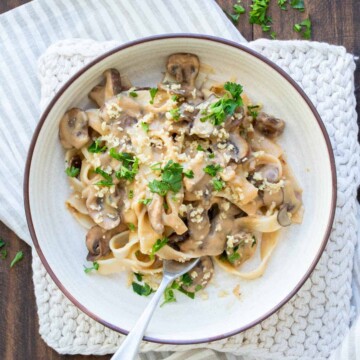 White bowl filled with fettuccini noodles and mushroom stroganoff sauce