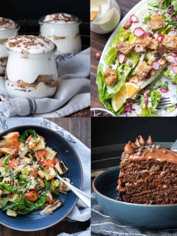 A collage of four photos of dessert, main dish and salad you would make for Valentine's day.