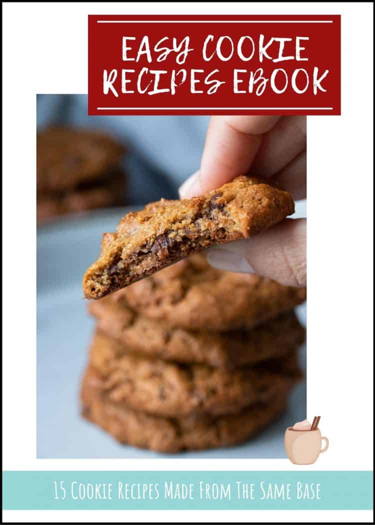 Cover of a cookie recipe ebook with a photo of a hand holding a cookie