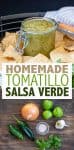 Collage of ingredients needed to make salsa verde and a jar of it with overlay text