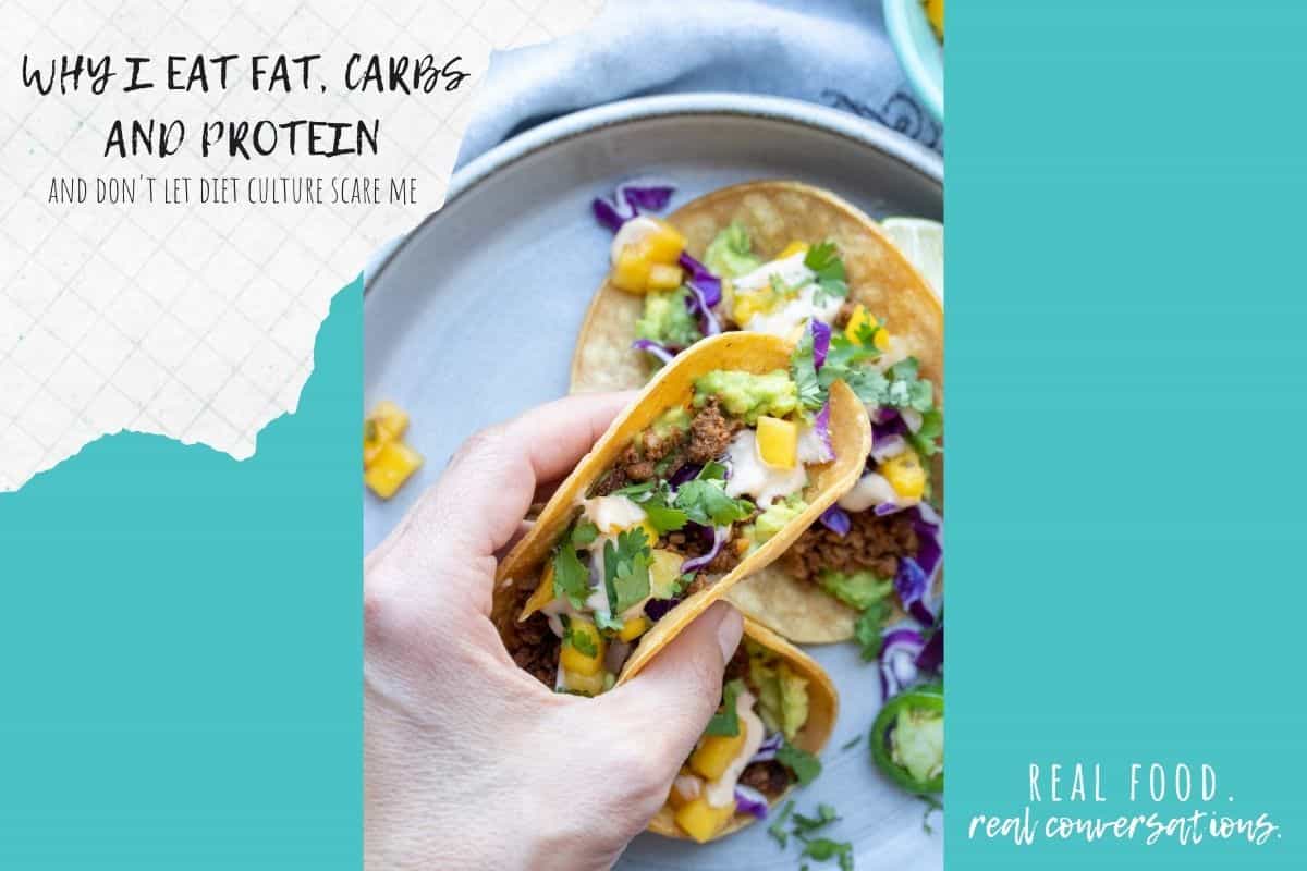 Turquoise color block with a photo of a hand holding a taco and overlay text