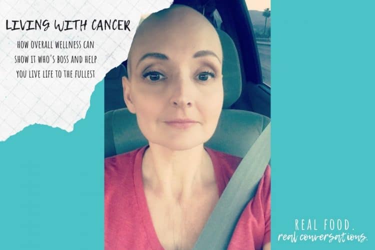 Text overlay on cancer and wellness with a bald woman on a turquoise background