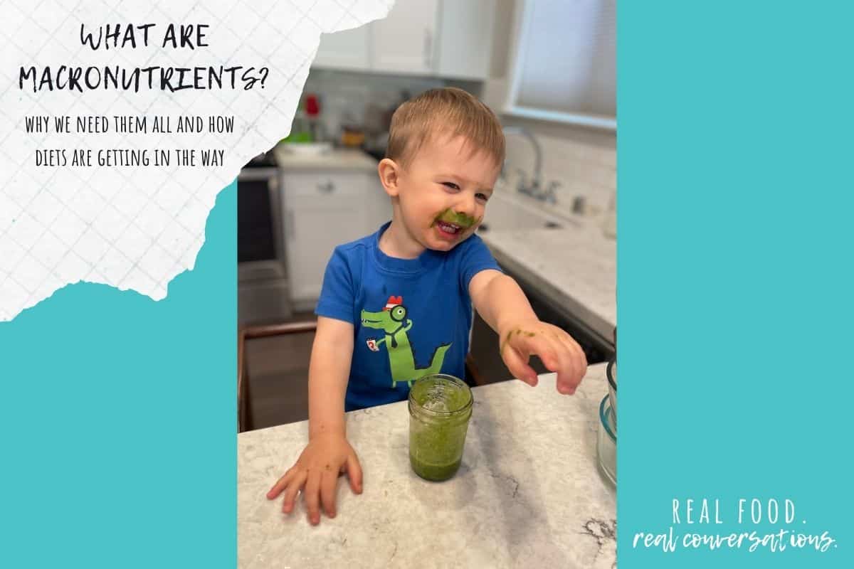 Overlay text on macronutrients on a turquoise color block with a photo of a little boy pointing