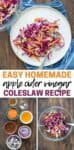 Collage of ingredients to make a vinegar cabbage slaw, it being mixed in a glass bowl and served on a white plate with overlay text.