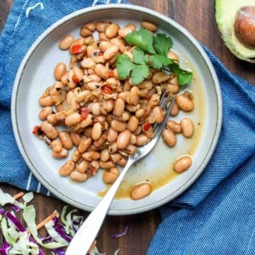 Grey plate filled with pinto beans and a spring of cilantro next to cabbage and an avocado