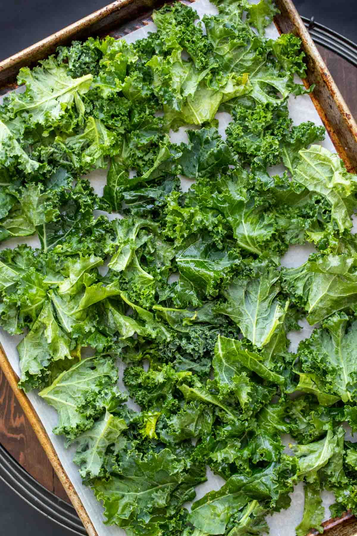 Cut pieces of kale coated in oil on a baking sheet