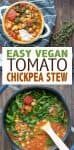 Collage of veggie chickpea stew being make and the final in bowls with overlay text