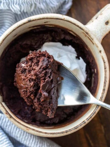 Metal spoon getting a scoop of chocolate cake from a mug