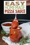 Overlay text on pizza sauce with a photo of a spoon covered in sauce coming out of a jar