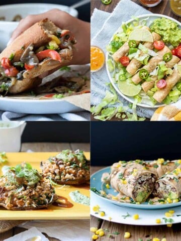 Collage of a sandwich, taquitos, farro topped portobello and a burrito.