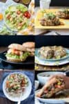 A collage of six photos showing different types of vegan meals like burritos, sandwiches, pasta, rolled tacos and stuffed mushrooms.
