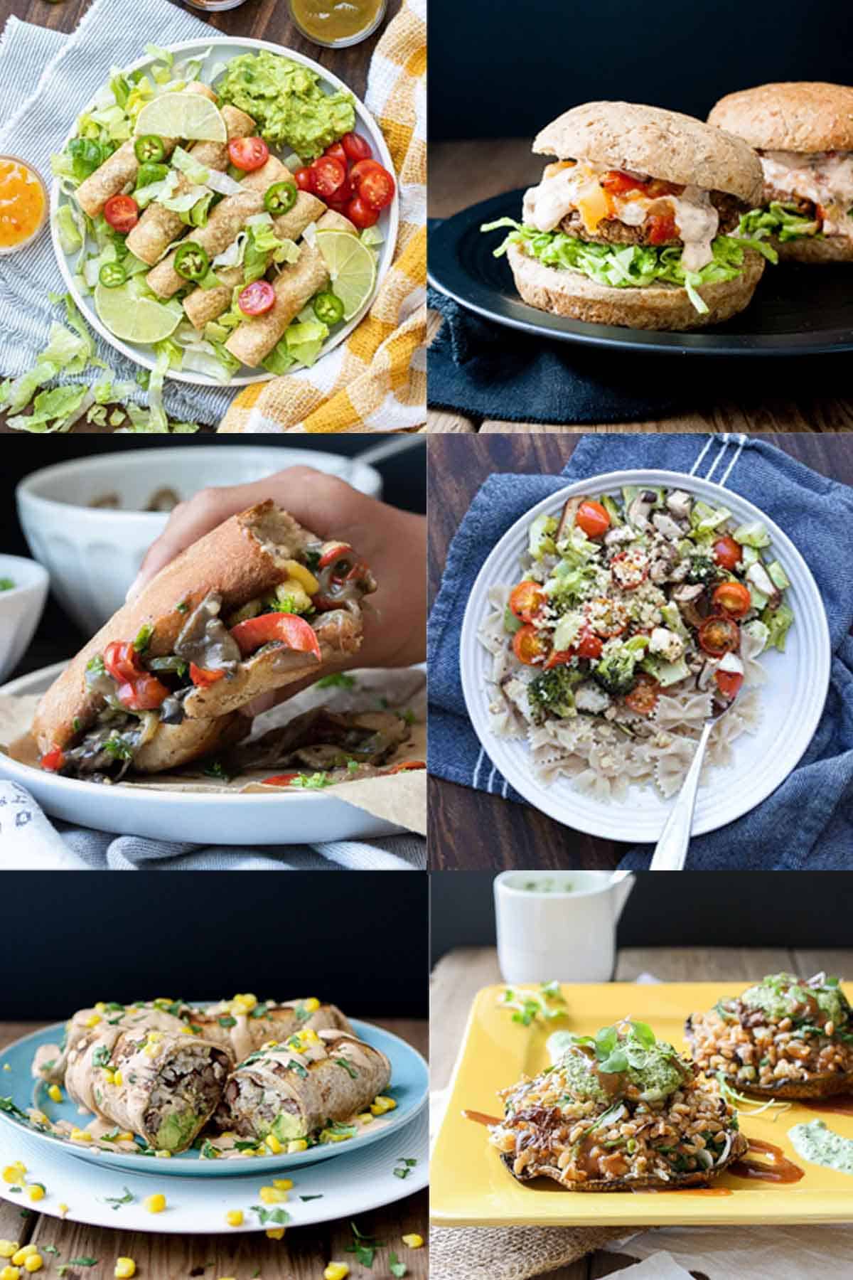 A collage of taquitos, burgers, sandwiches, pasta, burritos and stuffed mushrooms.