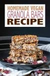 Overlay text on vegan granola bars and a photo of them stacked on a black plate