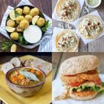 Collage of falafel, tacos, soup and a burger.