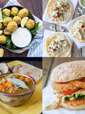 Collage of falafel, tacos, soup and a burger.