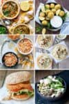 Six photos in a collage including soup, tacos, falafel, pasta, a burger and a rice bowl.