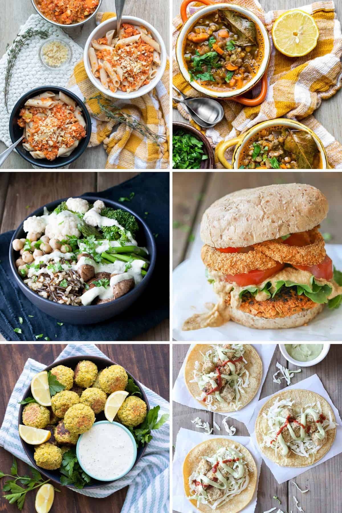 A photo collage of a grain bowl, soup, tacos, falafel, burger and pasta.