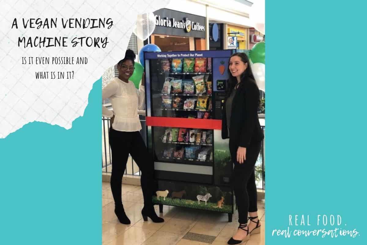 Turquoise color blocks with overlay text and two women standing by a vending machine