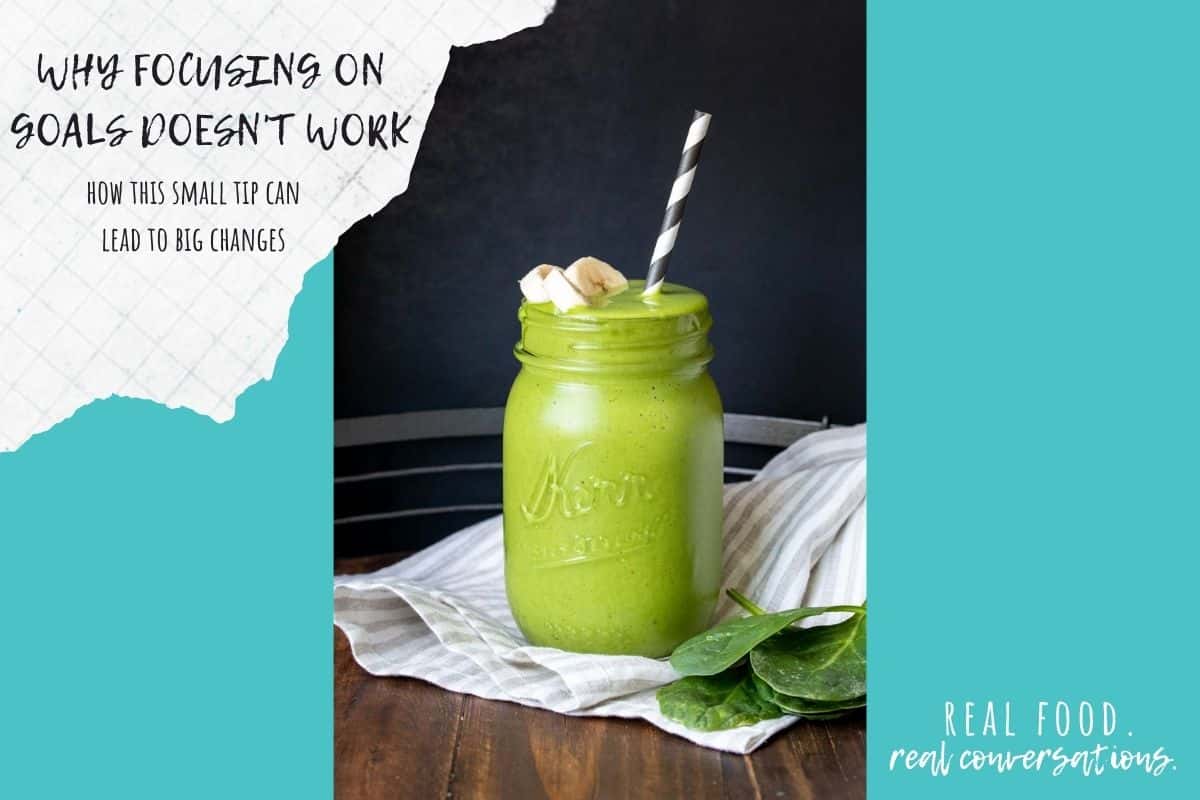 Turquoise background with overlay text and a photo of a smoothie in a glass jar with a straw and banana slices