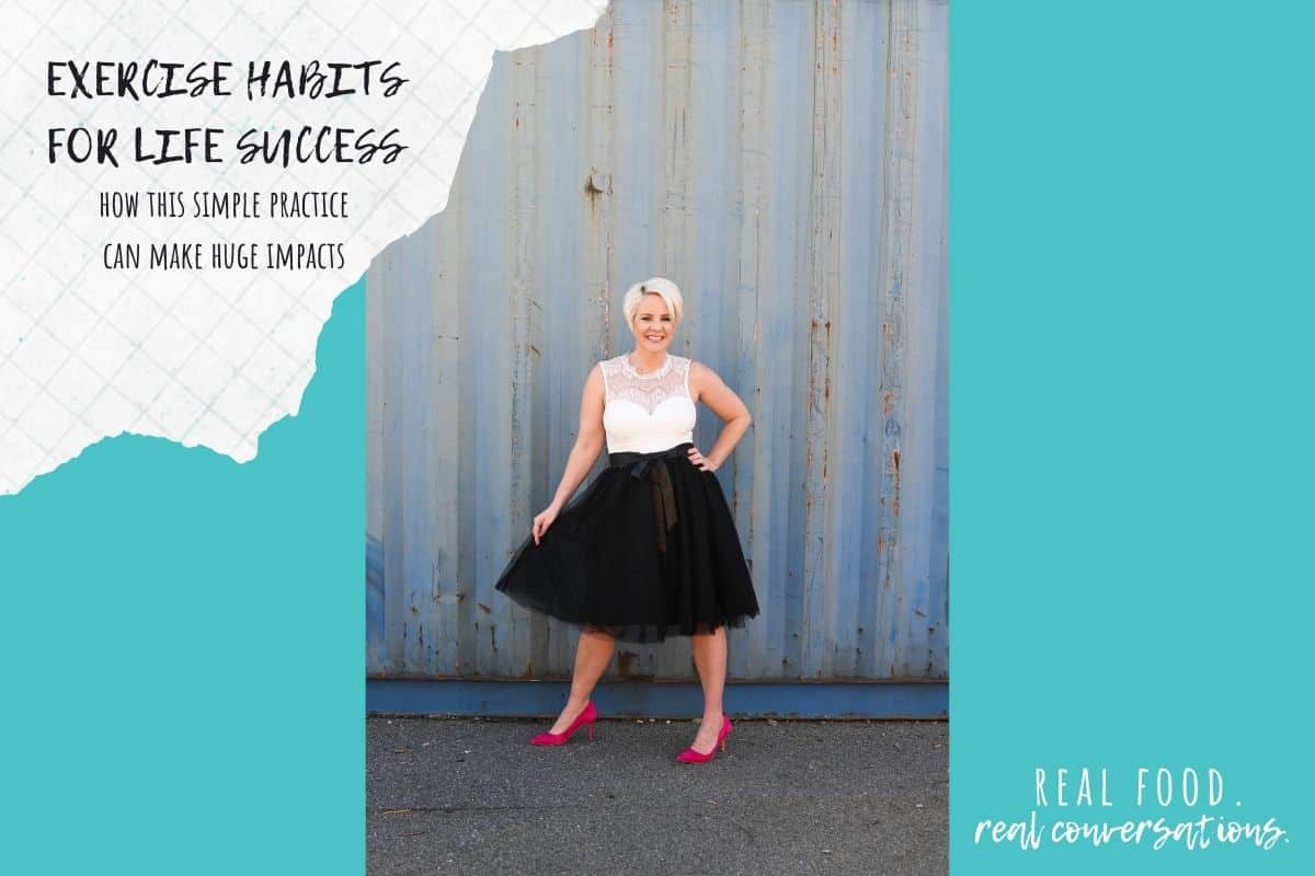 A woman in pink shoes and black and white clothing standing with her hand on her hip on a turquoise background with text