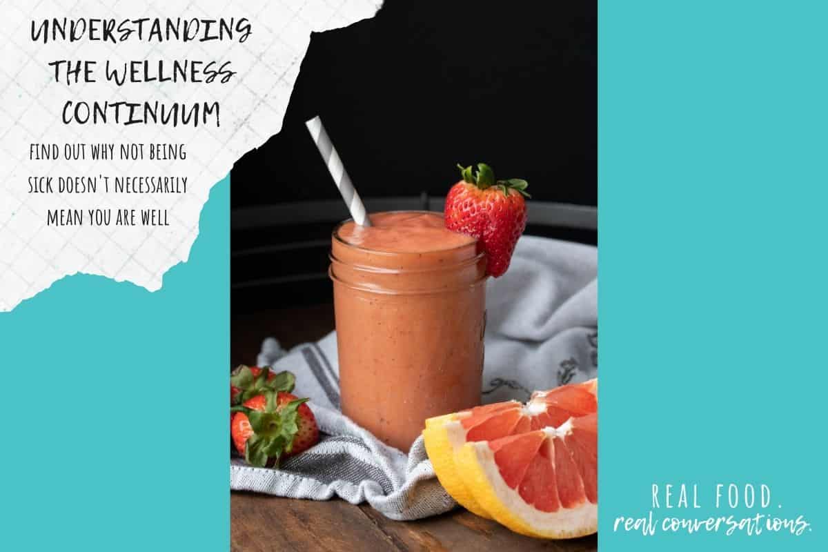 Overlay text on wellness with a turquoise background and a photo of an orange smoothie in a glass jar
