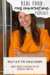 Overlay text on being vegan with a photo of a woman in an orange dress smiling