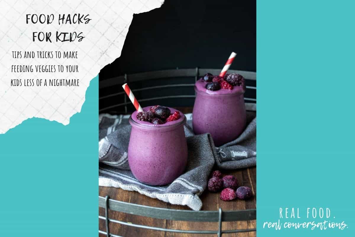 Overlay text on food hacks with two purple smoothies and turquoise color blocks