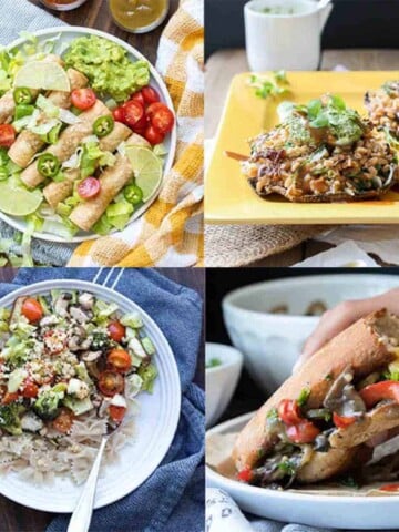 Collage of four meals, taquitos, pasta, a sandwich and a stuffed mushroom