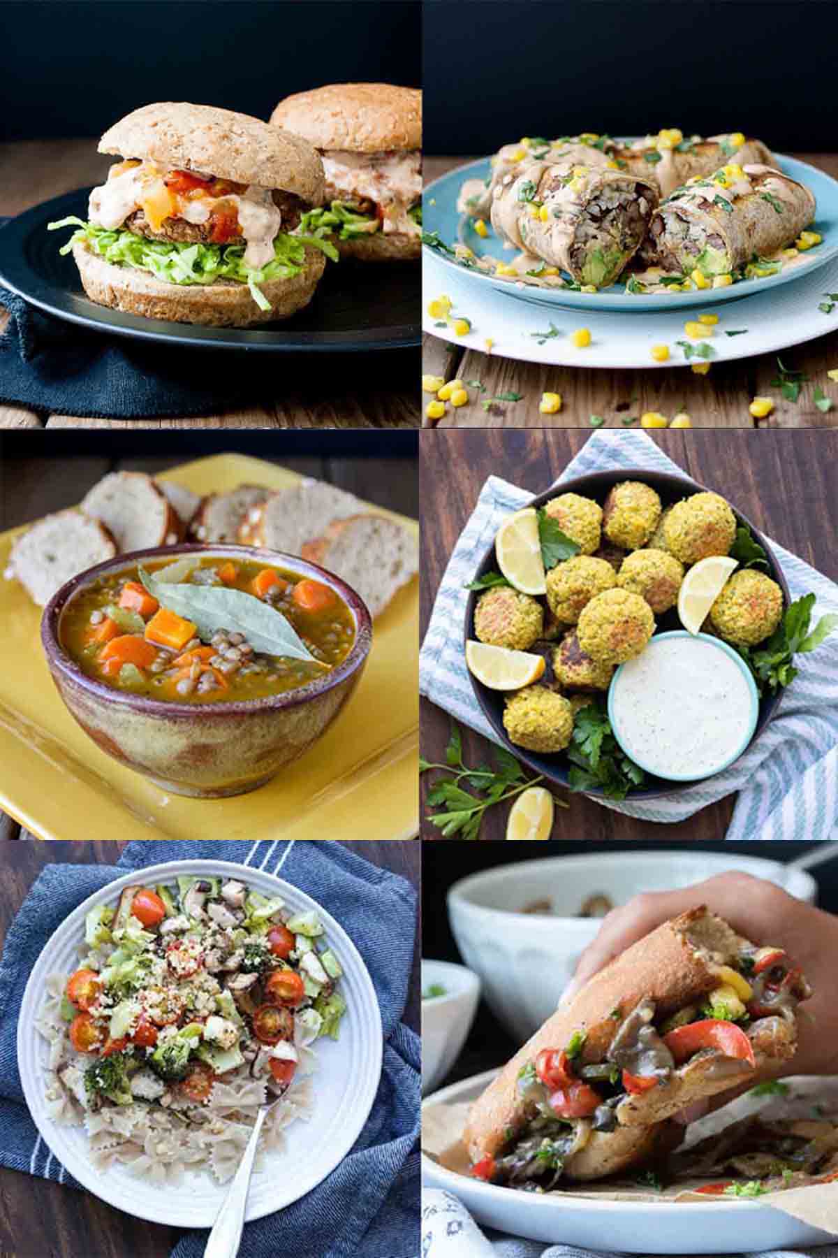 A collage of six recipes including a burger, burrito, soup, falafel, pasta and a sandwich.