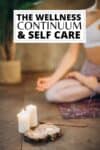 Overlay text on self care with a woman sitting next to candles