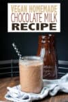 Overlay text on vegan chocolate milk with a photo of a glass jar of it on a grey kitchen towel