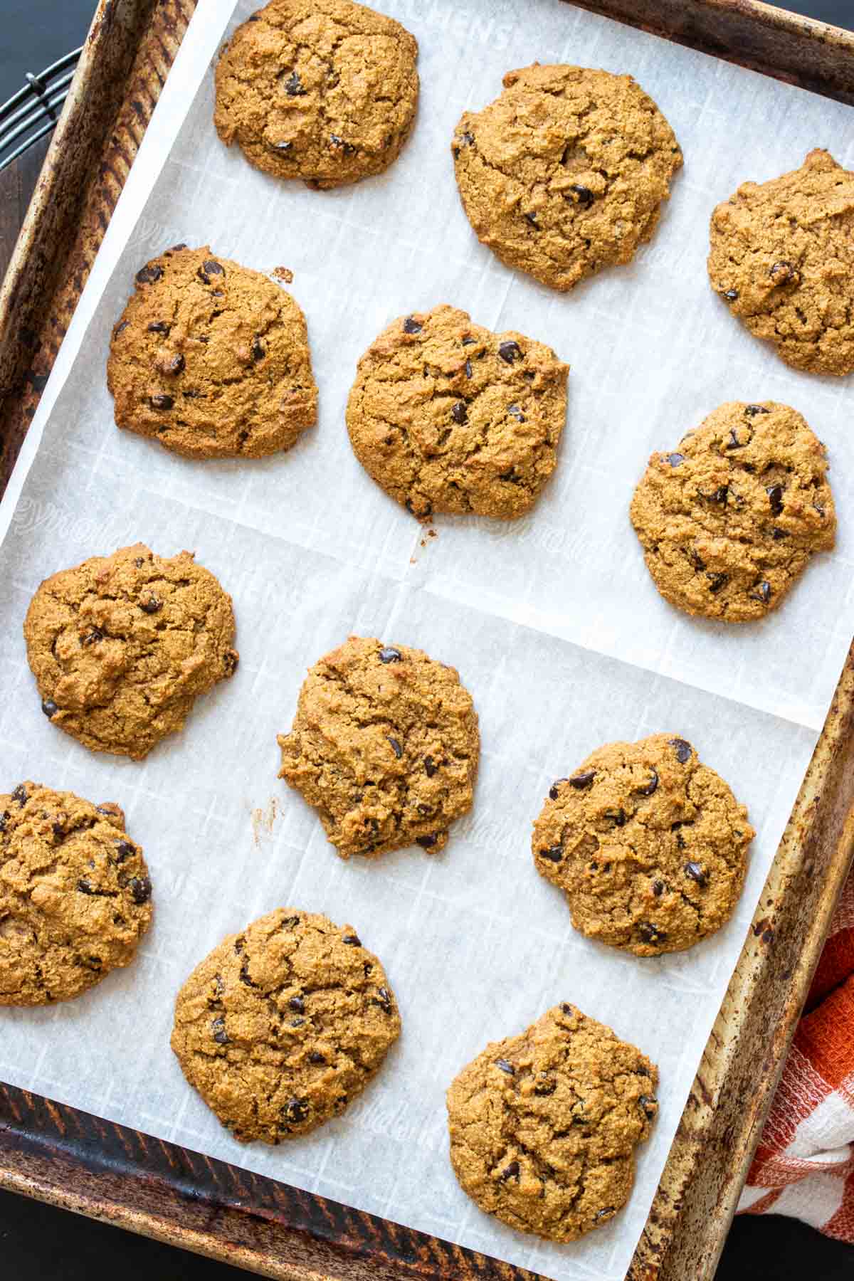 Parchment lined cookie sheet with baked chocolate chip pumpkin cookies on it