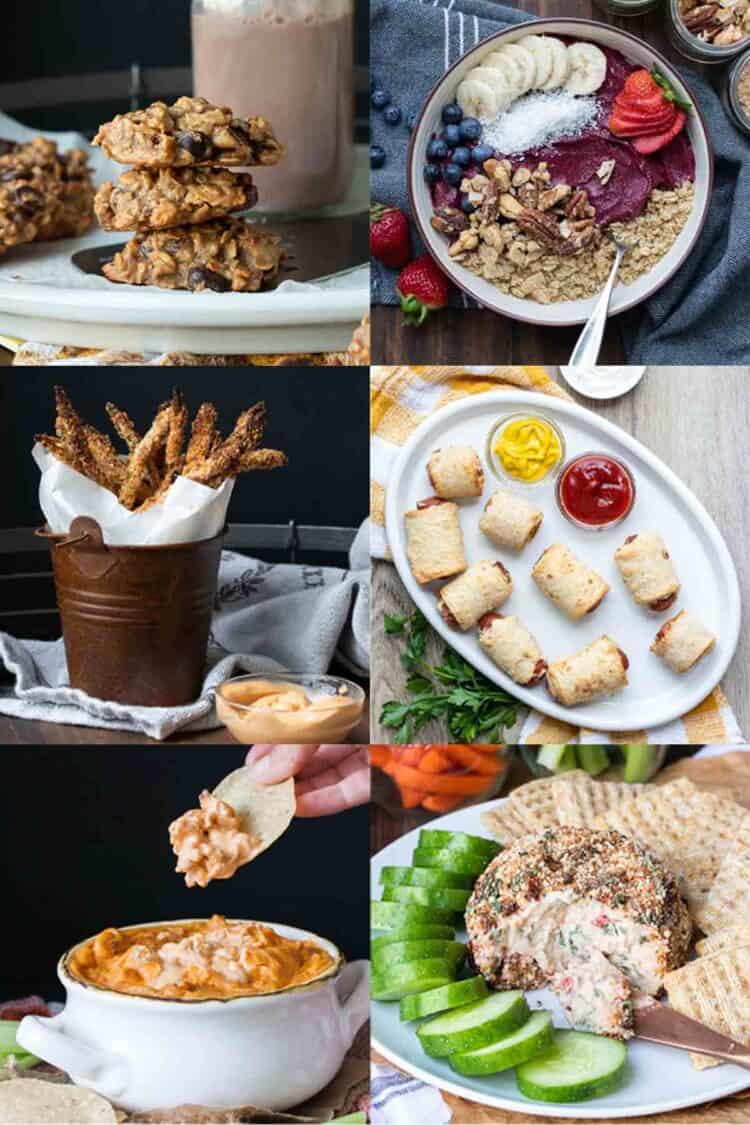 Collage of cookies, smoothie bowl, asparagus fries, pigs in a blanket and dips