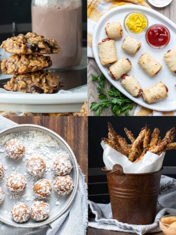 Collage of cookies, fries, pigs in a blanket and protein balls