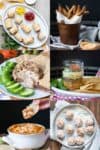 Collage of pigs in a blanket, fries, dips and protein balls