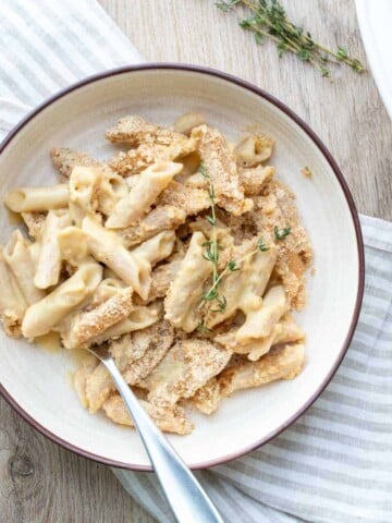 Wide cream colored bowl with some creamy baked pasta with breadcrumb topping inside