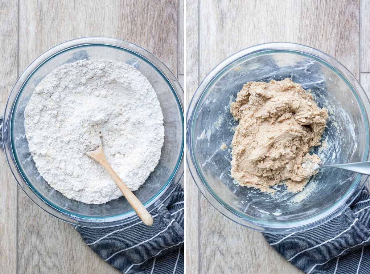 Collage of glass bowls with one having flour and one with a cookie batter