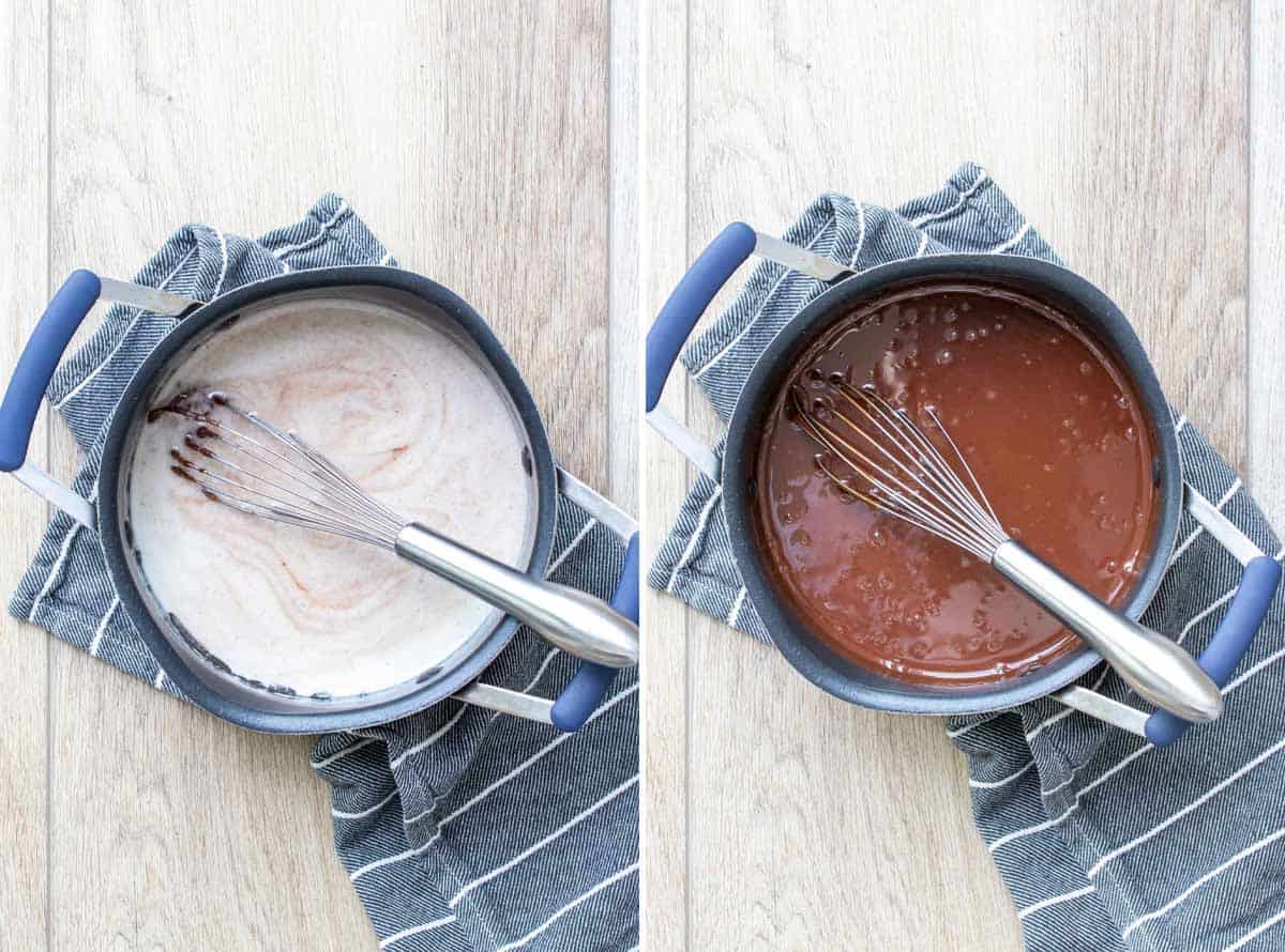 Collage of a pot having milk and then a chocolate sauce