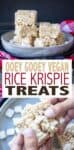 Collage of a pile of rice krispie treats on a plate and a hand tearing one apart with overlay text