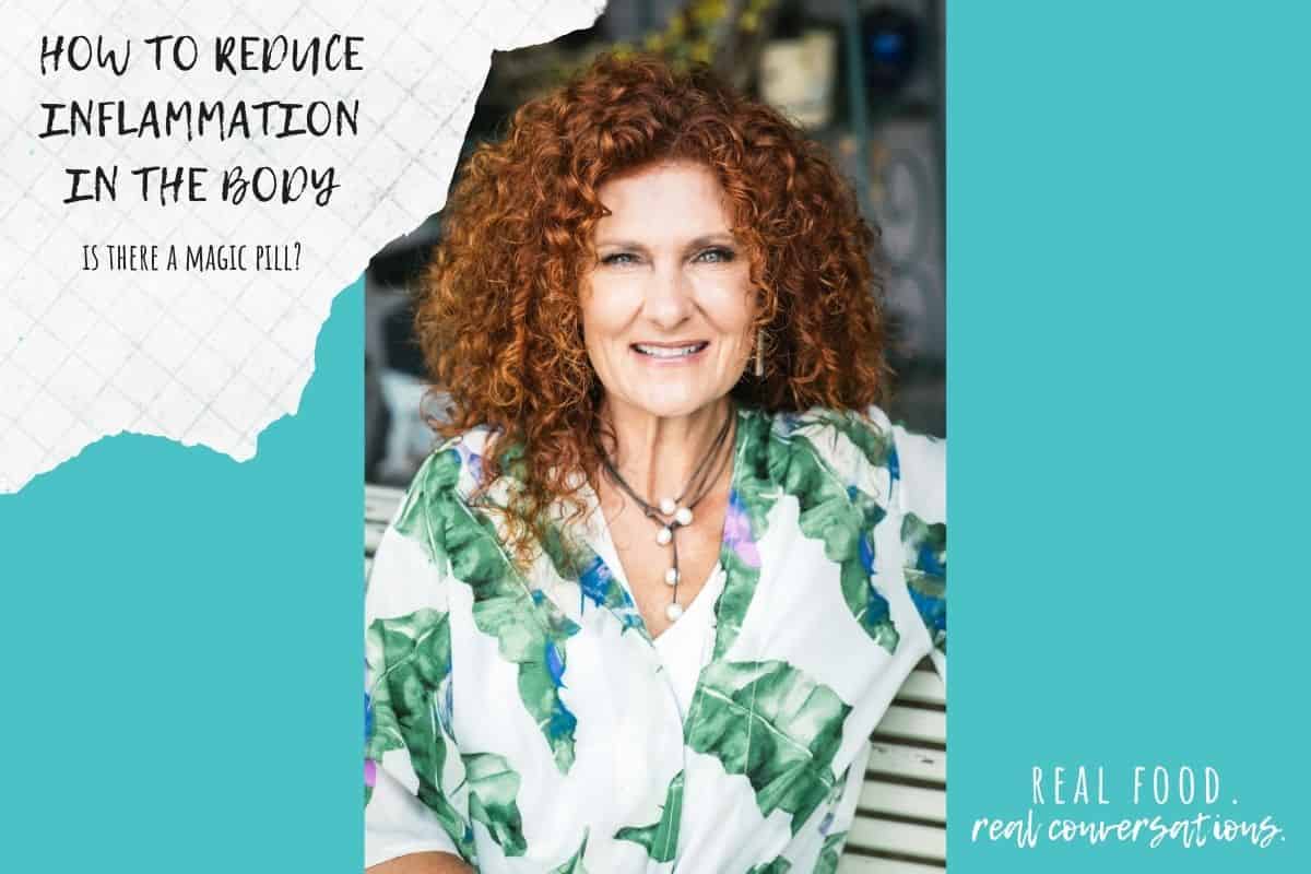 Turquoise color block with overlay text and a woman with curly red hair smiling
