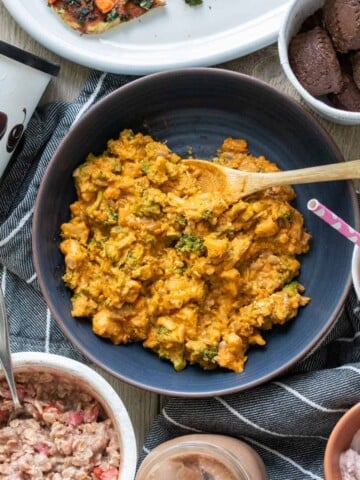 Blue bowl with an orange risotto like meal surrounded by bowls of other food like oatmeal and protein balls