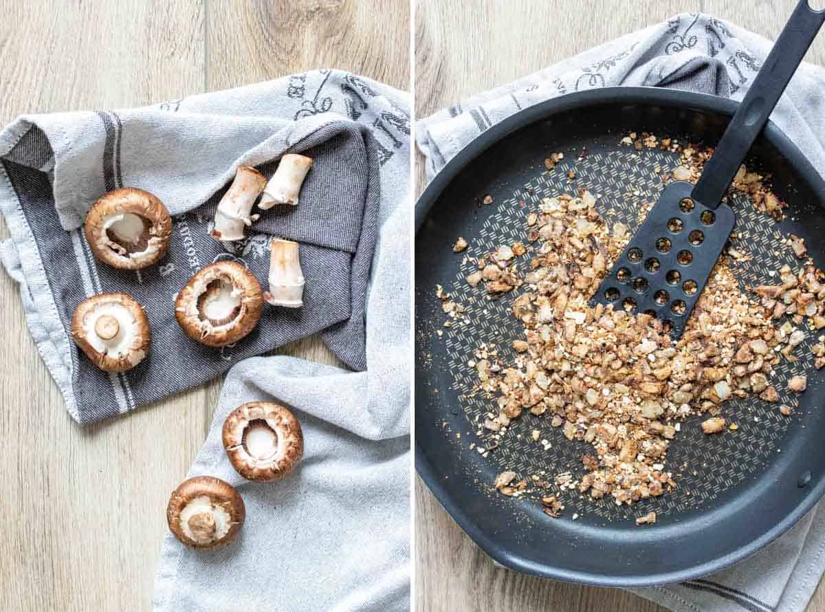 Collage of stems being removed from mushrooms and a pan with them chopped and being sautéed with breadcrumbs